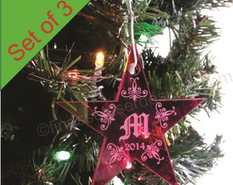 Set of 3 Monogram Initial Star Christmas Ornaments Custom Engraved Acrylic laser etched