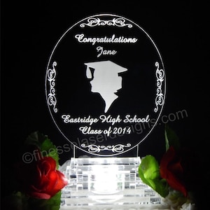 Personalized Graduation Girl&#39;s Silhouette LED Acrylic Cake Topper Custom Engraved Lights Up