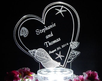 Personalized LED Seashell Heart Acrylic Wedding Cake Topper  Lighted Beach Theme