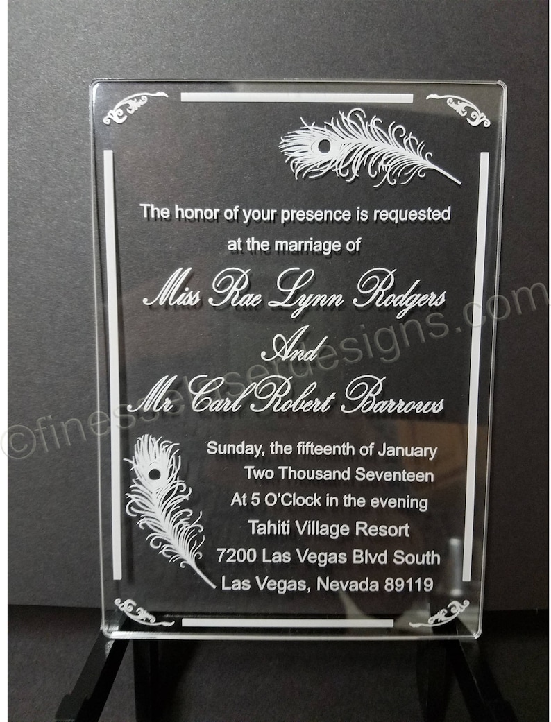 Personalized Custom Acrylic Feather Wedding Invitation or Announcement Clear FREE US SHIPPING