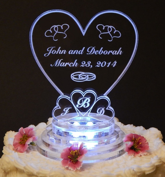 Romantic Modern ACRYLIC Bride  and Groom Wedding Cake topper Lighted LED base 
