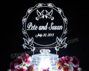 Personalized Doves Acrylic LED Wedding Cake Topper Custom Laser Engraved