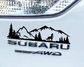 Wolf Forest Mountain Car Emblem Graphic Decal, Travel Nature Laptop Decal, Hiking Camping Adventure Car Sticker, Unisex Outdoor Rustic Gifts