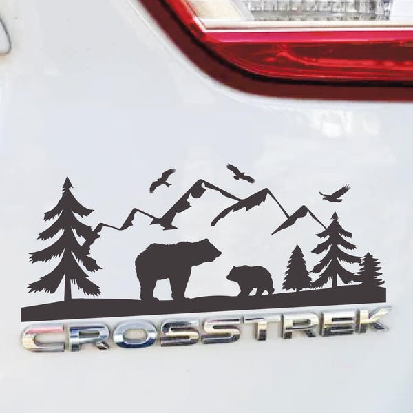Adesivo grafico con emblema per auto con montagne e alberi, decalcomania per laptop con tema natura all'aperto, adesivo per auto con tema avventura nel Pacifico nord-occidentale, regali rustici unisex per esterni