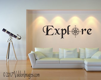 Explore wall decal, travel decor, living room decal, travel wall decal, wanderlust decal, compass rose decal, office wall decor, door decal