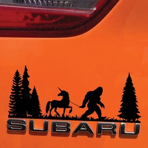 Bigfoot Unicorn In Trees Above Car Emblem Graphic Decal, Outdoor Nature Laptop Decal, PNW Sasquatch Car Sticker, Unisex Outdoor Rustic Gifts