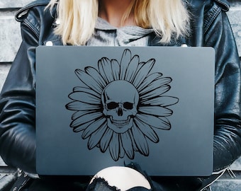 Daisy Skull Flower Car Decal, Witchcraft Laptop Decal, Wiccan Car Decal, Skeleton Laptop Sticker, Car Decal For Women, Gothic Gifts For Her