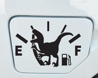 Velociraptor Calcomanía de coche con tanque de gasolina vacío, calcomanía de coche divertida, calcomanía de ordenador portátil Dino, calcomanía de vinilo, pegatina de coche, pegatina de ordenador portátil, regalos de dinosaurios para hombres