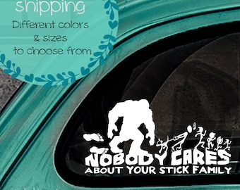 Bigfoot, car decal, Sasquatch laptop decal, Bigfoot chasing stick family, stick family car decal, gone squatchin, Bigfoot sticker, Bigfoot