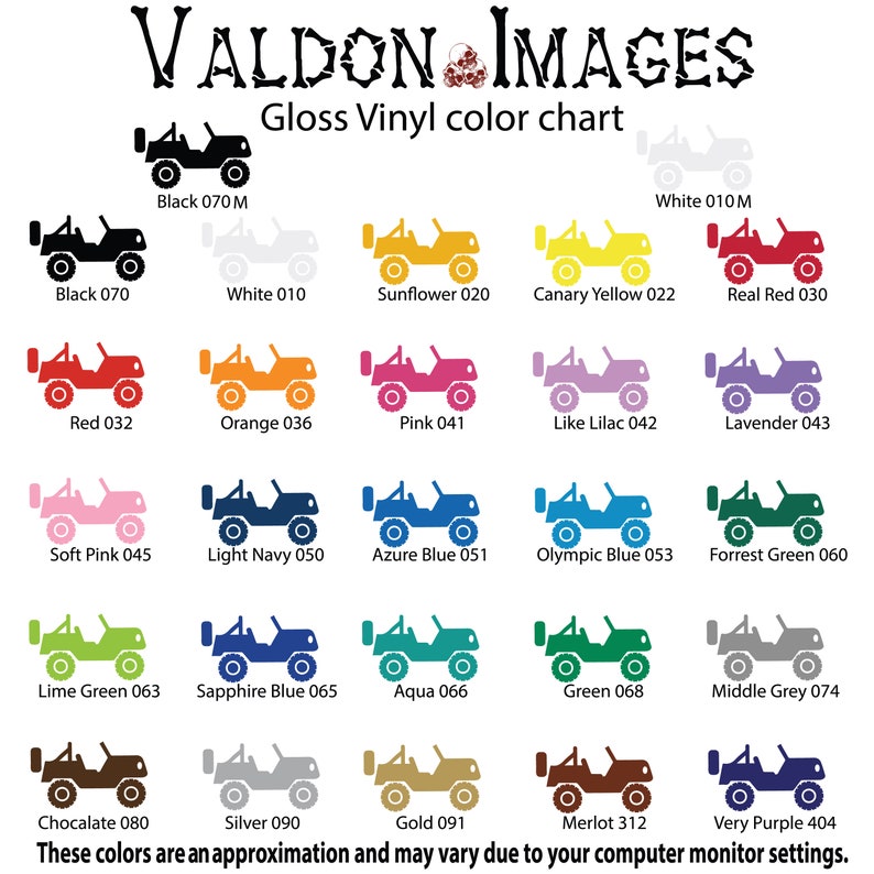 May include: Color chart for gloss vinyl featuring 20 different colors. Each color is represented by a small cartoon jeep. The colors include black, white, red, orange, pink, lavender, light navy, azure blue, olympic blue, forest green, lime green, sapphire blue, aqua, green, middle grey, chocolate, silver, gold, merlot, and very purple.