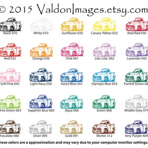 May include: A chart showing 20 different colour options for a vintage pickup truck. The colours are displayed in a grid with the name and number of each colour listed below the truck image. The text at the bottom of the chart reads "These colours are a approximation and may vary due to your computer monitor settings."