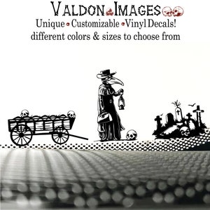 May include: Black and white illustration of a plague doctor carrying a lantern and a bag, a cart filled with skulls, and a graveyard with tombstones and skulls. The text "VALDON IMAGES" is at the top of the image.