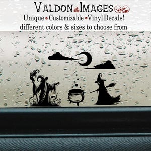 May include: Black vinyl decal set featuring a wizard with a staff, a bubbling cauldron, a witch on a broomstick, clouds, and a crescent moon. The text reads VALDON IMAGES, Unique Customizable Vinyl Decals!, different colors & sizes to choose from.
