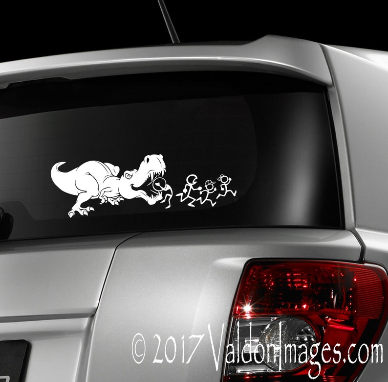 T-Rex eating stick family, dinosaur car decal, dinosaur sticker, car decal dinosaurs, laptop decal, stick figure family, car decals for men image 2