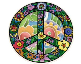 Signo de paz de la flor - Pegatina de ventana translúcida / calcomanía (circular de 4,5")
