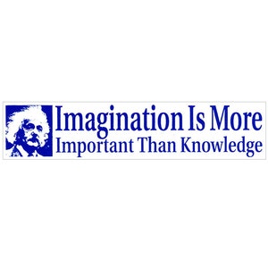 Pode incluir: Um autocolante retangular com uma borda azul e fundo branco. O autocolante apresenta uma imagem azul de Albert Einstein e o texto "Imagination Is More Important Than Knowledge" em azul.