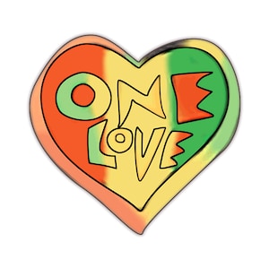 May include: A heart-shaped design with the words "One Love" written in a stylized font. The heart is colored in red, yellow, and green, resembling the colors of the Jamaican flag.
