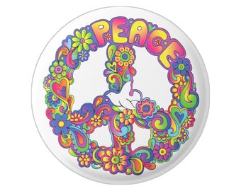 Flower Power 60's Style Peace Sign with Peace Dove Anti-War Button Pinback for Backpacks, Jackets, Hats, or Fridge Magnet 1.5 Inches