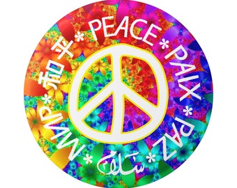 Peace In Several World Languages with Psychedelic Flowers Pinback Button for Backpacks, Jackets, Hats or Fridge Magnet Round 1.5 Inches