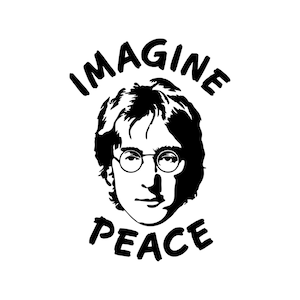 Puede incluir: Silueta en blanco y negro de John Lennon con las palabras "Imagine Peace" arriba y abajo de su cabeza.