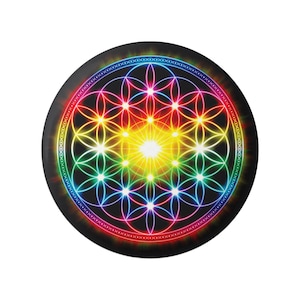 Flower of Life Mandala on Black - Bright Sacred Geometry Design Button / Pinback or Magnet, 1.5 Inches