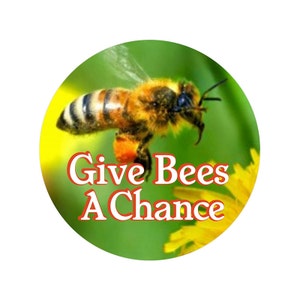 May include: A bee with black and yellow stripes is flying towards a yellow flower. The text "Give Bees A Chance" is written in white letters on a green background.