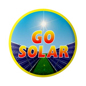 May include: A circular graphic with a yellow border and the words "GO SOLAR" in orange and red. The background features a blue sky with a bright sun, solar panels, and green grass.
