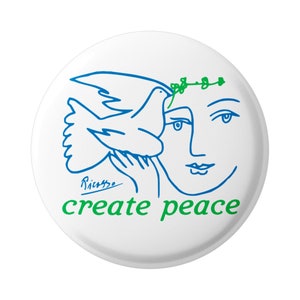 Create Peace with Picasso Woman & Dove Image Anti-war Pinback Button for Backpacks, Jackets, Hats, or Fridge Magnet 1.75 Inches