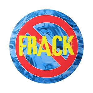 以下が含まれることがあります： 水のような模様の青い背景に、斜めの線が引かれた赤い円。円の中に「FRACK」という単語が黄色い文字で書かれている。