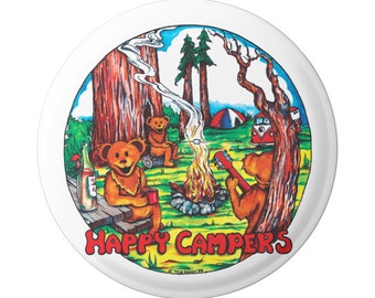 GD Happy Campers -  Retro Camping Dancing Bear Family Pinback Button or Magnet, 1.75 Inches Round