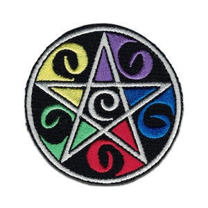 May include: Embroidered patch featuring a black pentagram design with colorful accents. The star is outlined in white, with each point filled with a different color: yellow, green, red, blue, and purple. The patch has a white border.