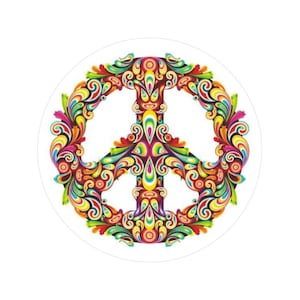 Könnte beinhalten: Ein farbenfrohes Friedenssymbol mit komplizierten Wirbeln und Mustern in Rot-, Orange-, Gelb-, Grün-, Blau- und Violetttönen.