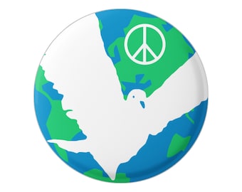 Paloma de la Paz con Signo de Paz sobre la Tierra - Botón / Pinback o Imán