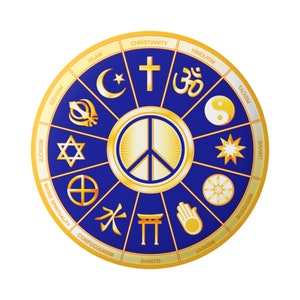Paz interreligiosa con símbolos de muchas religiones Botón Pinback para mochilas, chaquetas, sombreros o refrigerador imán redondo de 2.25 pulgadas