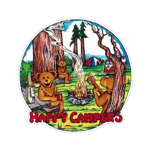 GD Dancing Bears Happy Campers Retro Hippie Large Two Sided Translucent Car Bumper Window Sticker Laptop Water Bottle Decal 4.5 Inches image 1