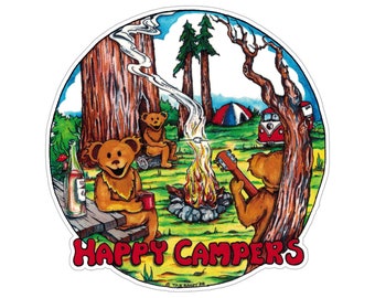 GD Dancing Bears Happy Campers Retro Hippie Large Translucide à deux côtés Pare-chocs Fenêtre Autocollant Ordinateur portable Bouteille d’eau Décalcomanie 4,5 pouces