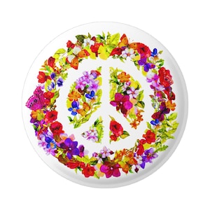 Flower Wreath Peace Sign / Symbol - Button / Pinback or Magnet