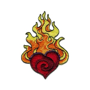 Flaming Heart Patch - Iron On or Sew On (2&quot; x 3&quot;)