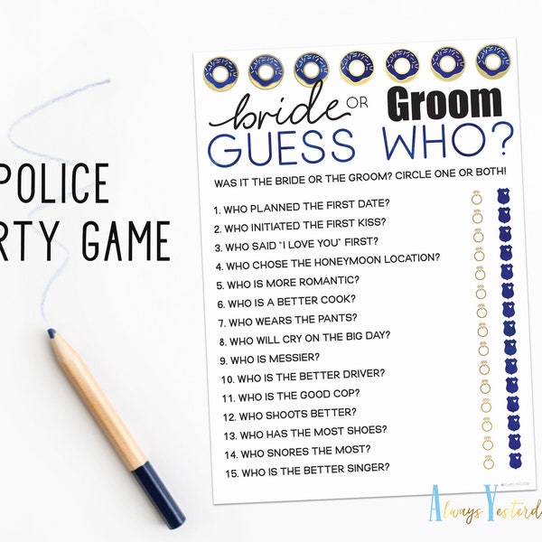 Bride And Groom Guess Who Police Party Game | Wedding Shower | Bridal Trivia | Adult Law Enforcement Party Game | Cop Handout | Police Wife