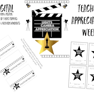 Lights Camera Appreciation Teacher Package | Teacher Appreciation Decor | Movie Star Theme Signs|Hollywood Week |Red Box Handout |Red Carpet