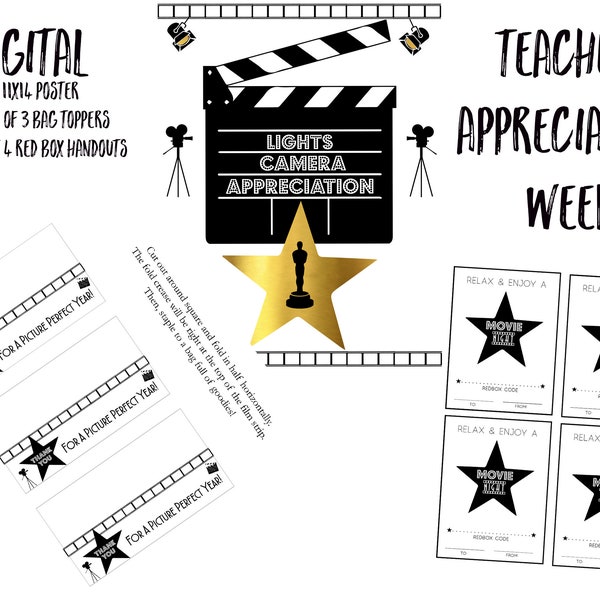 Lights Camera Appreciation Teacher Package | Teacher Appreciation Decor | Movie Star Theme Signs|Hollywood Week |Red Box Handout |Red Carpet