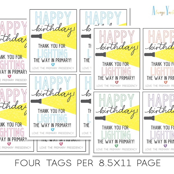 Happy Birthday From The Primary Presidency Printable Tag | Thank You For Lighting The Way | LDS Church Teacher  | Primary Children Gift Idea