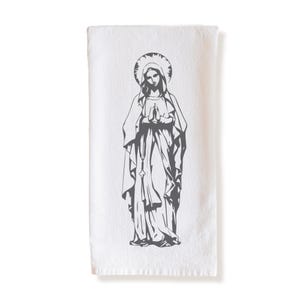 Virgin Mary Cotton Tea Towel – 100% Cotton with Hanging Loop, Religious Kitchen Decor, Catholic Gift, Marian Art Towel