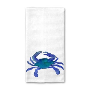 Blue Watercolor Crab Kitchen Towel - Coastal Tea Towel - Kitchen Decor - Home Decor - Gift - Handmade - Waffle Weave - Linen