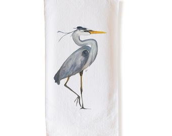 Watercolor Great Blue Heron 100% Cotton Tea Towel with Hanging Loop | Bird Lover Gift | Nature Kitchen Decor | Coastal Bathroom Towel