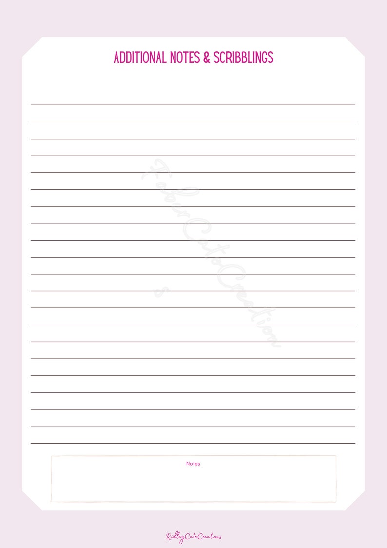 Puede incluir: Una p&aacute;gina imprimible con el t&iacute;tulo "NOTAS ADICIONALES & GARABATOS" y un &aacute;rea rayada para escribir notas. La p&aacute;gina tambi&eacute;n incluye el texto "Ridley Cute Creations".