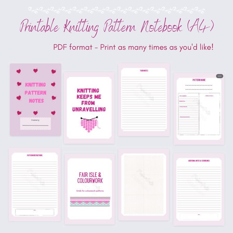 Puede incluir: Cuaderno de patrones de tejido A4 imprimible con p&aacute;ginas rosas y blancas. El cuaderno incluye secciones para notas de patrones de tejido, gr&aacute;ficos de fair isle y colorwork, y notas de puntadas y cableados de tejido. La p&aacute;gina de portada presenta el texto "Knitting keeps me from unraveling" con un coraz&oacute;n tejido rosa y blanco.