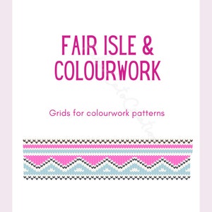 Puede incluir: Una gu&iacute;a PDF imprimible para crear patrones de tejido de punto fair isle y colorwork. La imagen muestra un ejemplo de un patr&oacute;n de colorwork con colores rosa, azul, marr&oacute;n y blanco.