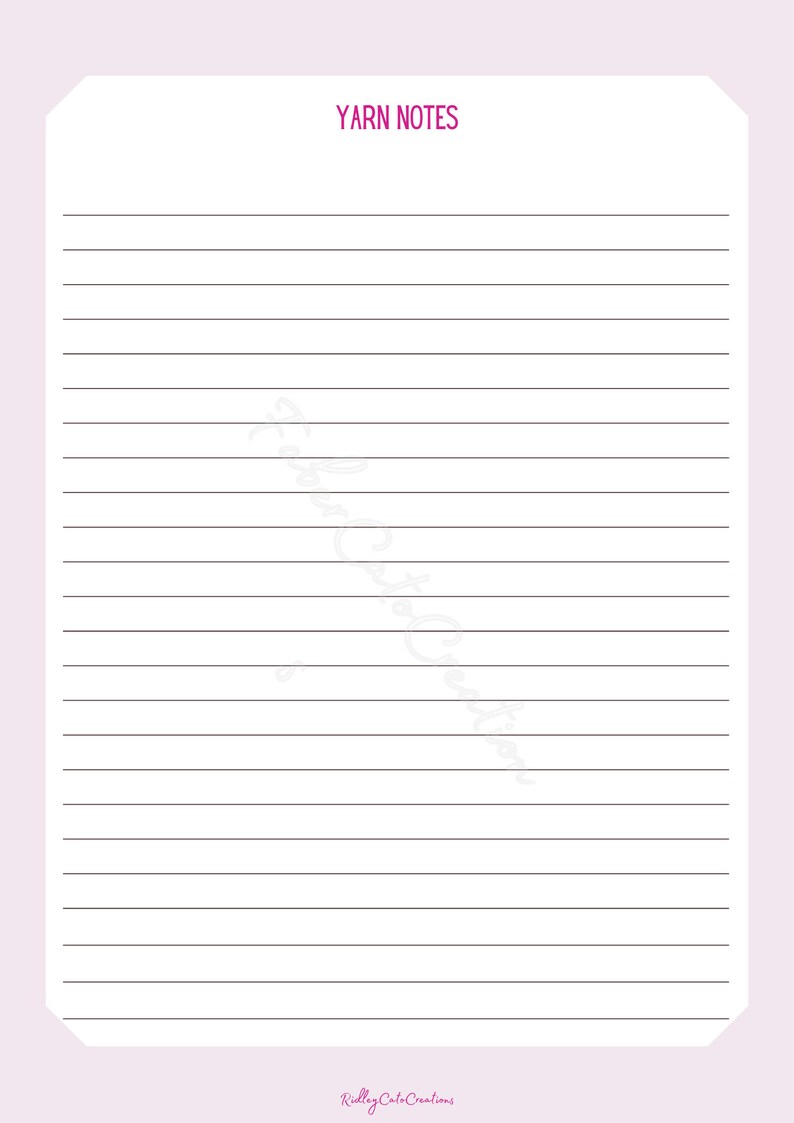 Puede incluir: Una hoja imprimible con l&iacute;neas y el t&iacute;tulo "YARN NOTES" en la parte superior. La hoja est&aacute; dise&ntilde;ada para tomar notas sobre la lana.