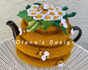 Crochet tea cozy cosy teapot cover warmer yellow bumble bee beehive crochet flower kitchen accessory high tea party unique gift décor